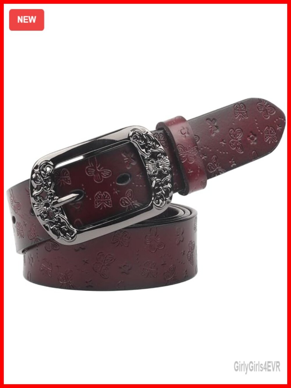 Women's Vintage Leather Belt with Hollow Floral Etched Design Large Buckle